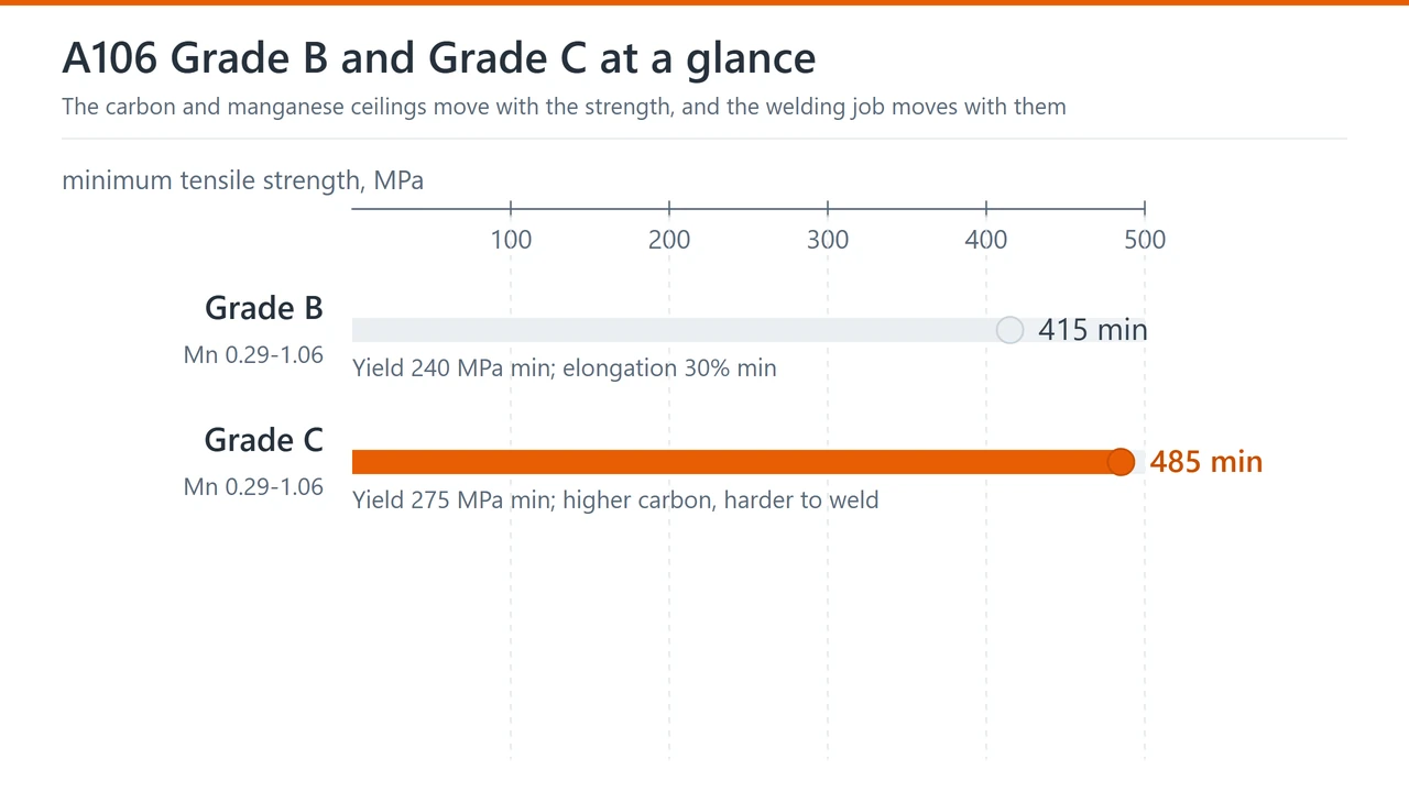 Chart comparing ASTM A106 Grade B and Grade C on minimum tensile strength, manganese range and carbon ceiling