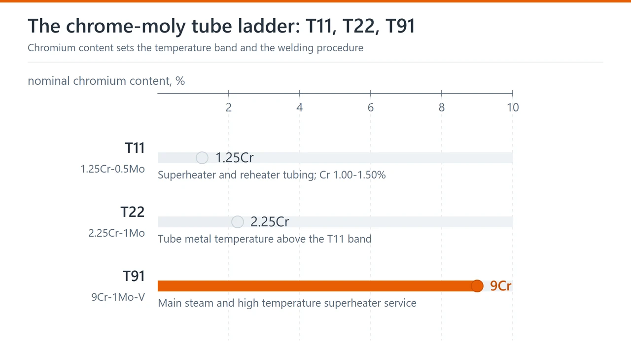 Chart of ASTM A213 T11, T22 and T91 tubing by chromium content, with the service each grade is chosen for