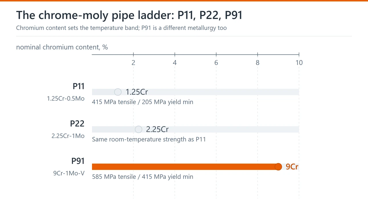 Chart of ASTM A335 P11, P22 and P91 pipe by chromium content with the tensile and yield strength of each grade