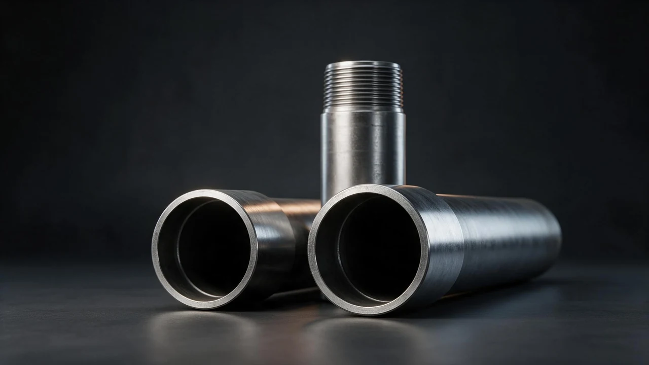 Two API 5CT J55 casing joints with screwed-on couplings, cut ends facing the camera showing the wall thickness and bore
