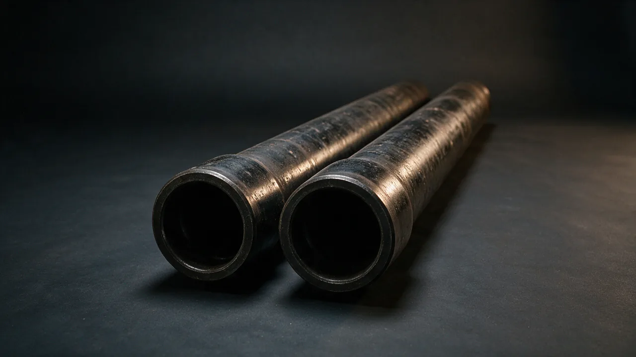 Two API 5CT K55 casing joints with screwed-on couplings, the dark open bores facing the camera