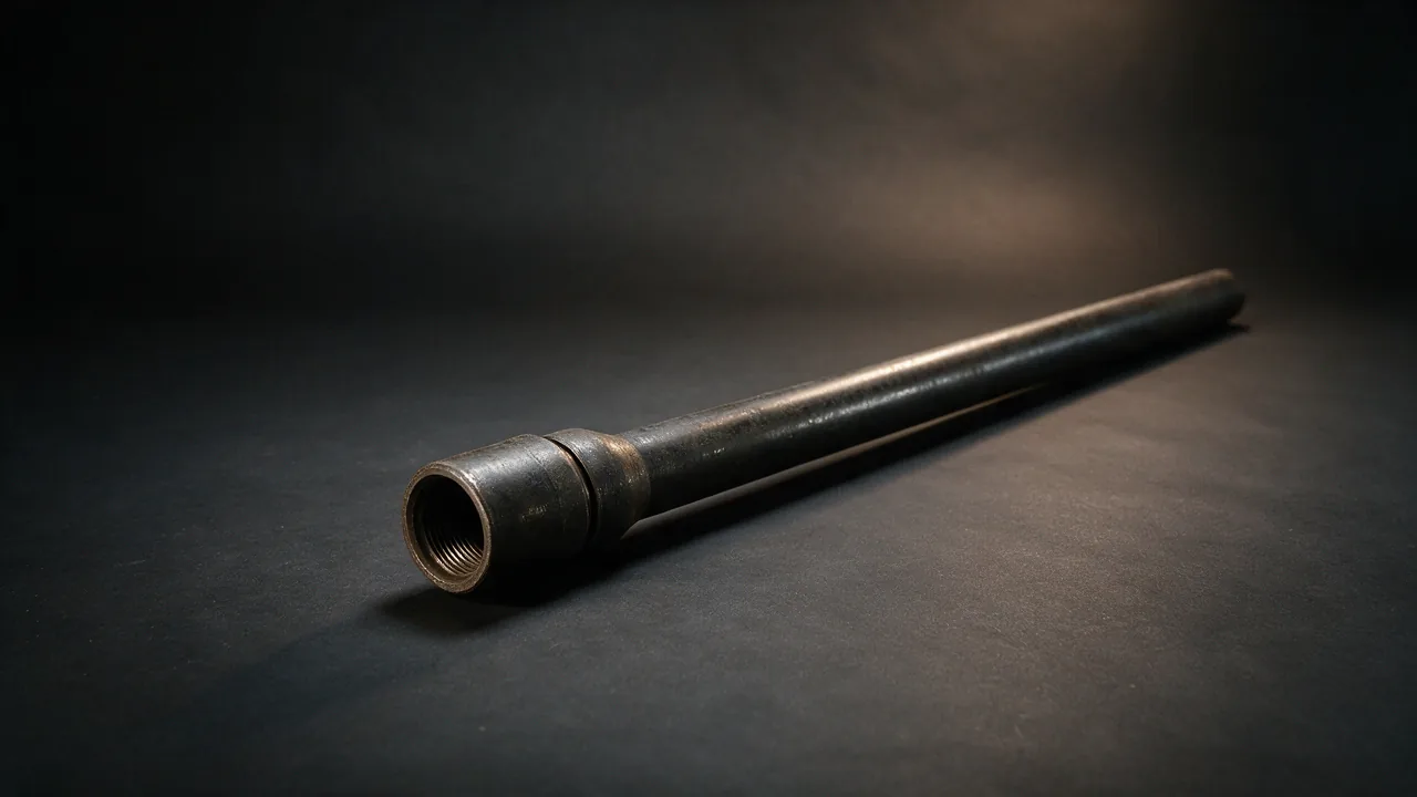 An API 5CT L80 tubing joint with the externally upset end and screwed-on coupling toward the camera