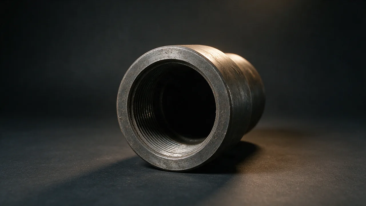 An API 5CT P110 heavy wall casing coupling in close up with the internal thread spiralling inside the bore