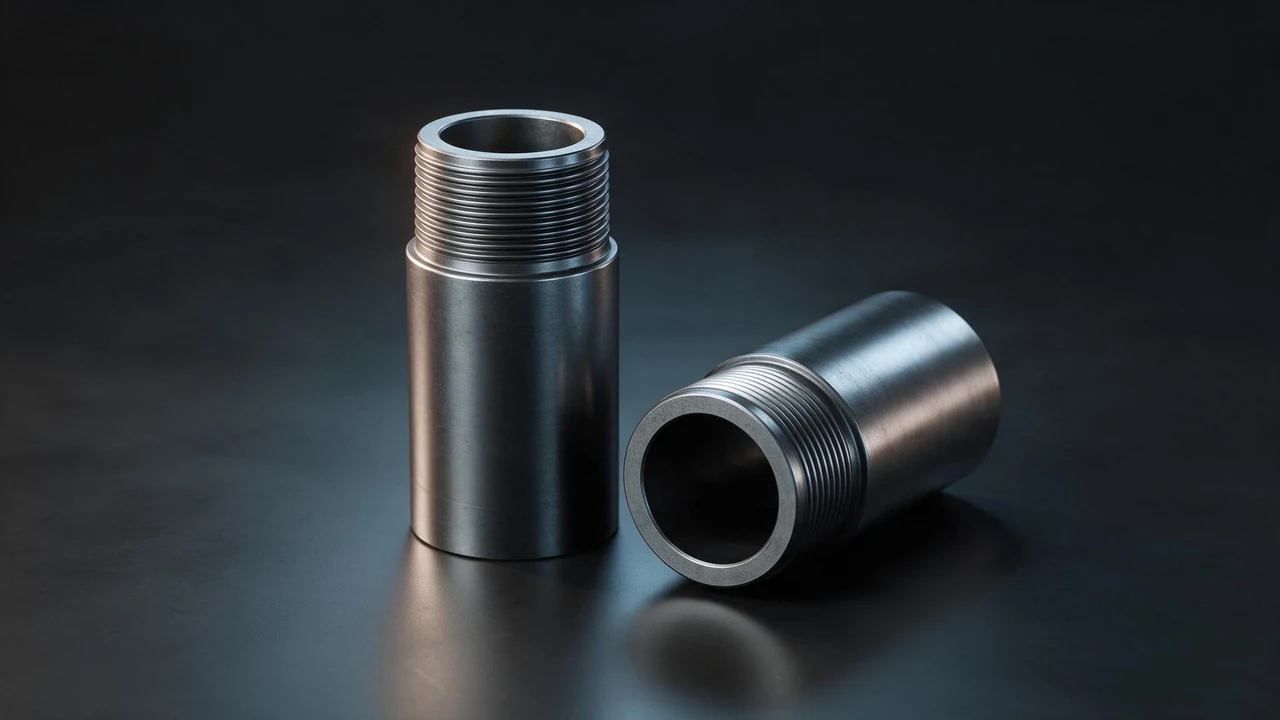 Two heavy-wall API 5CT Q125 casing joints with couplings fitted and the thick wall visible on the cut ends