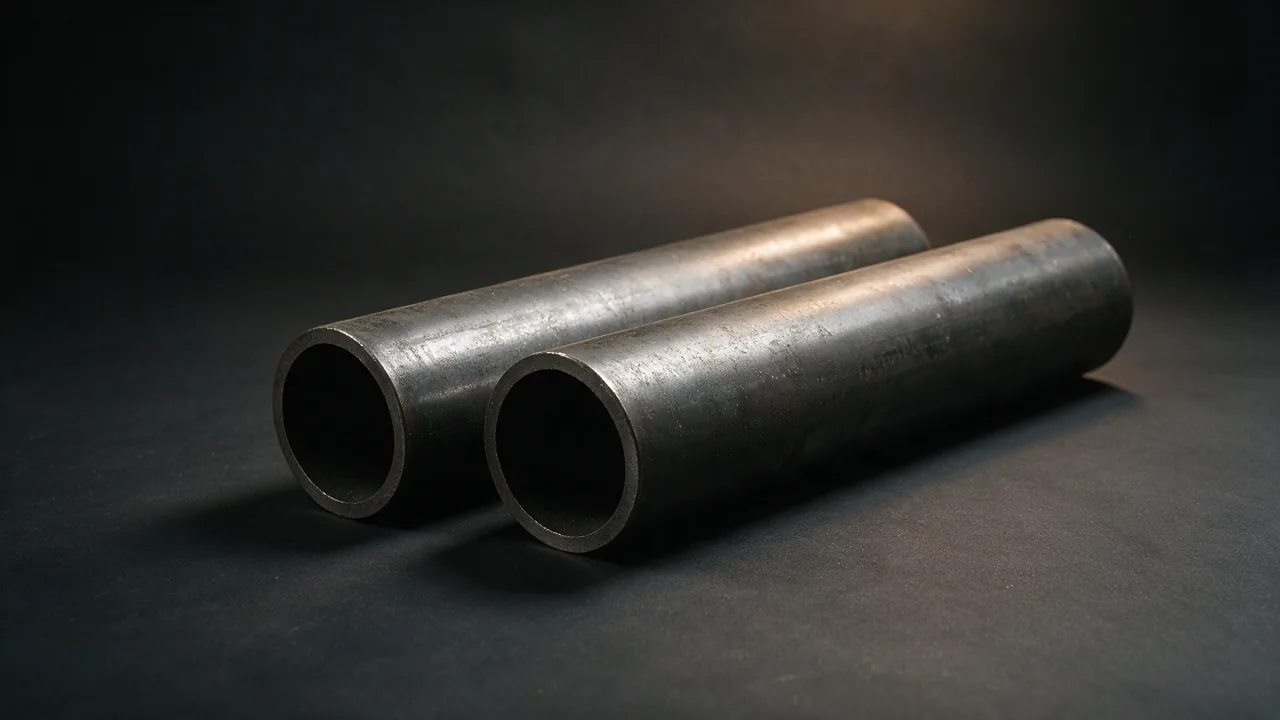 Two lengths of API 5L Grade B line pipe side by side on a dark backdrop with the cut ends facing the camera