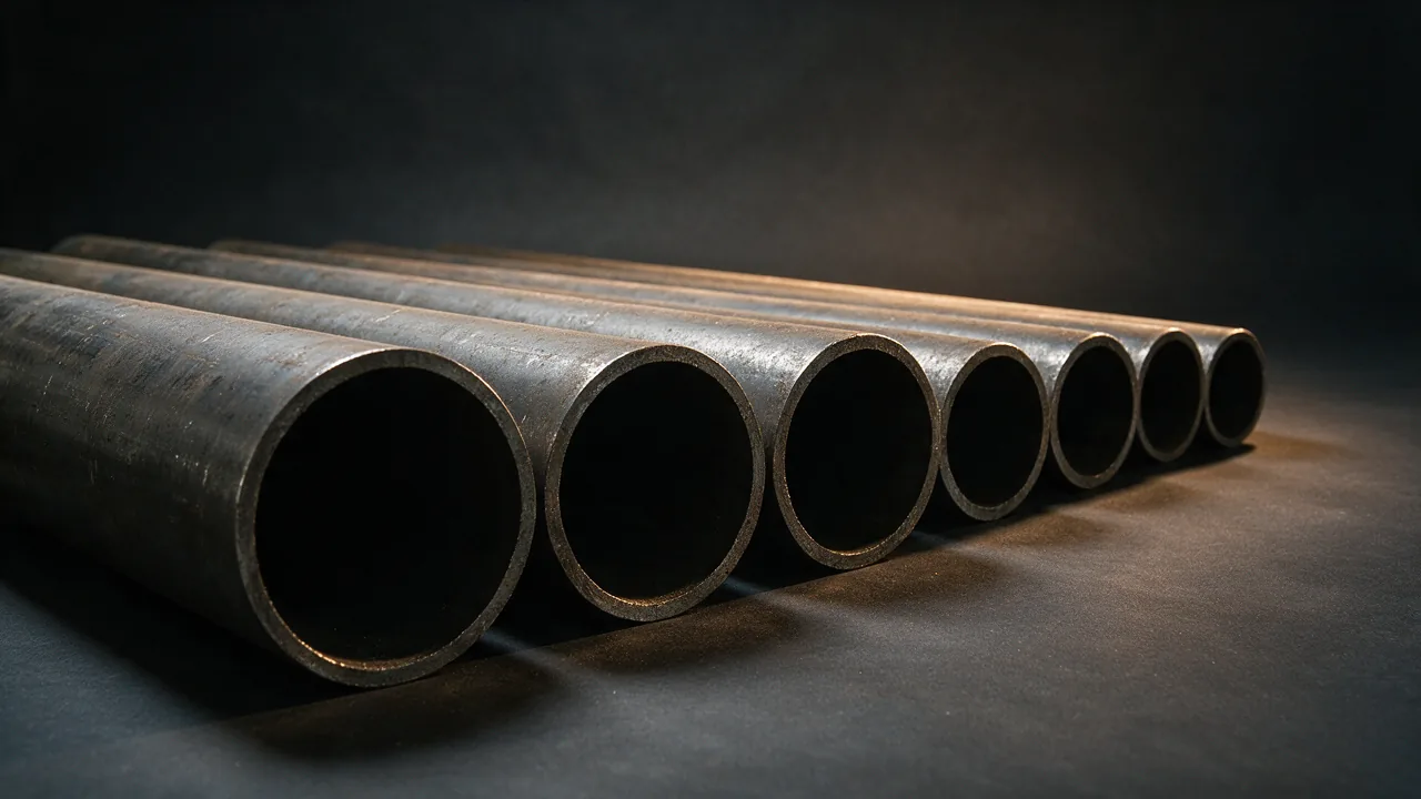 A row of API 5L X52 line pipe lengths laid end to end with the open bores receding into the frame