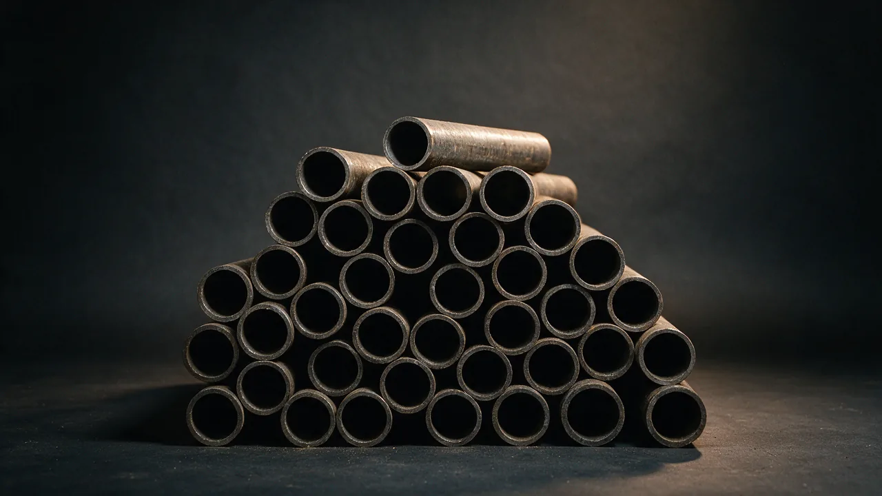 A stack of API 5L X60 line pipe cut lengths with the open ends facing the camera