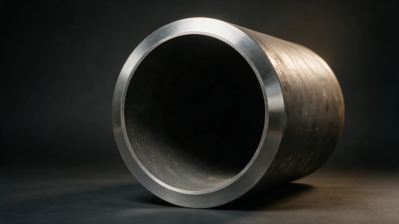 Heavy wall API 5L X80 line pipe end filling the frame, the thick wall forming a broad ring around a dark bore