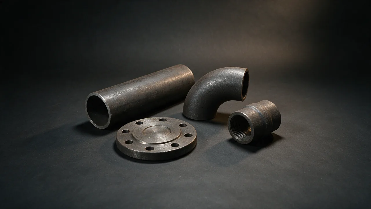 AI-generated concept image of four different steel products grouped together: a line pipe, a butt weld elbow, a forged flange and a casing coupling