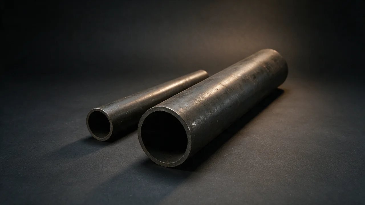 Two ASTM A106 Grade B seamless carbon steel pipes of different diameters lying parallel with the cut ends facing the camera