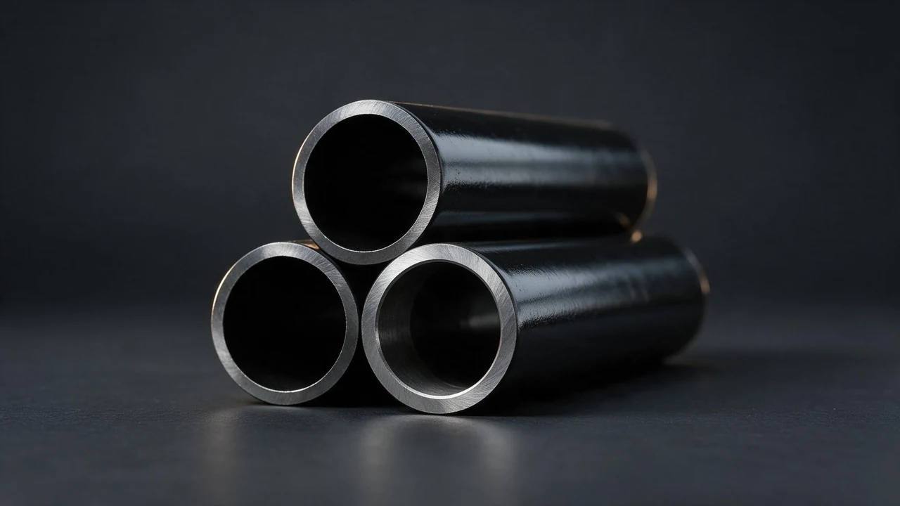 Three black-varnished seamless carbon steel pipe lengths stacked with the bevelled ends facing the camera