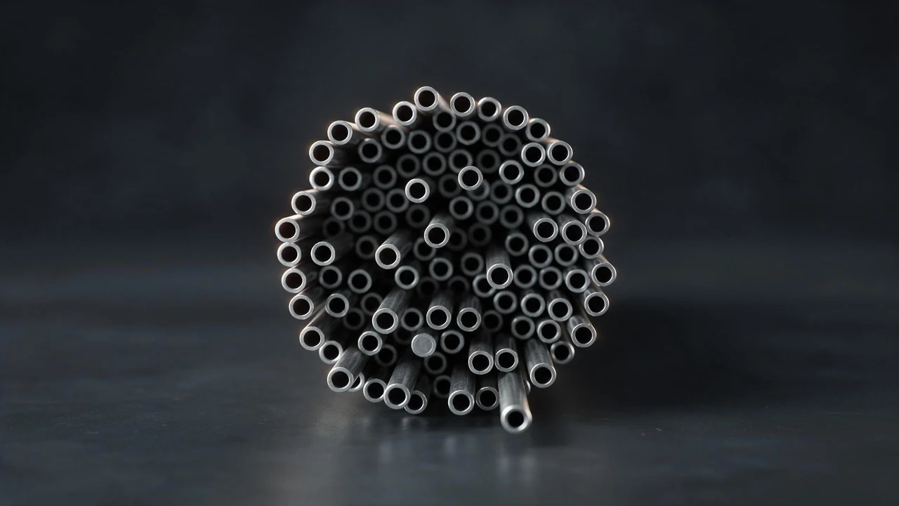A tightly packed bundle of small-diameter cold-drawn boiler and heat exchanger tubes with the cut ends facing the camera