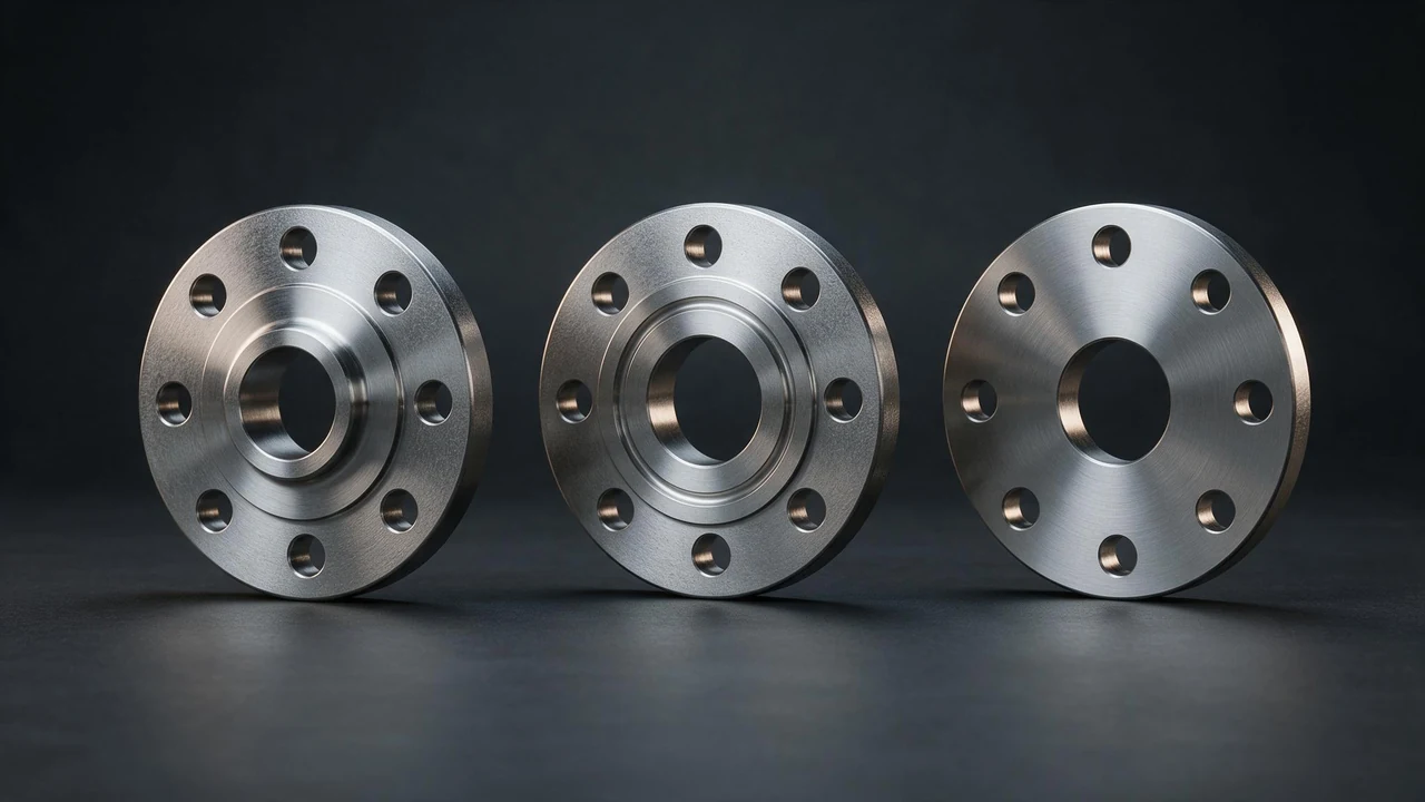 Three forged stainless steel flanges showing a raised face, a ring joint groove and a flat face
