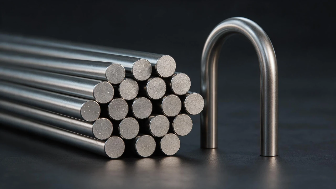 A bundle of chrome-molybdenum alloy boiler tubes with cut ends facing the camera, and one U-bent tube standing beside it
