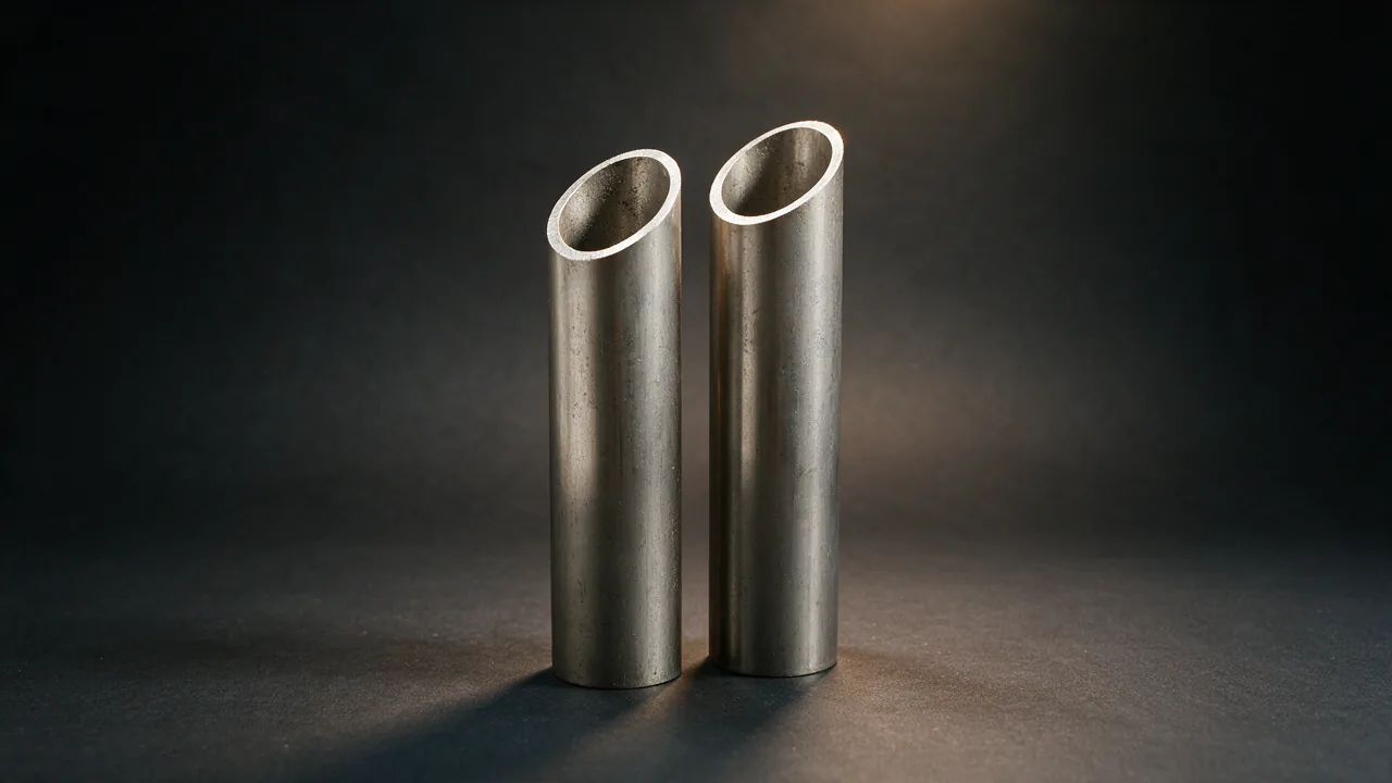 Two ASTM A312 TP316 stainless steel pipes standing side by side with the bright cut ends facing the camera