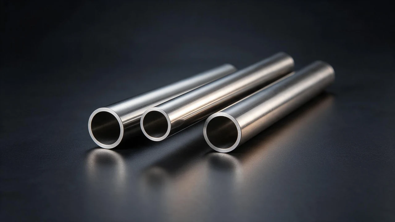 Three pickled and bright-finished TP316L stainless steel pipe lengths with the cut ends facing the camera