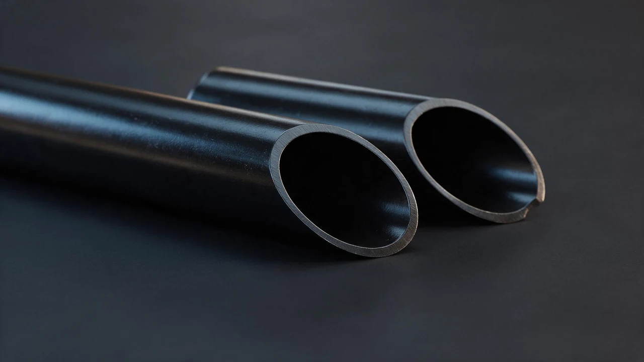 Two black-varnished 3.5 percent nickel low-temperature steel pipe lengths with bevelled ends facing the camera