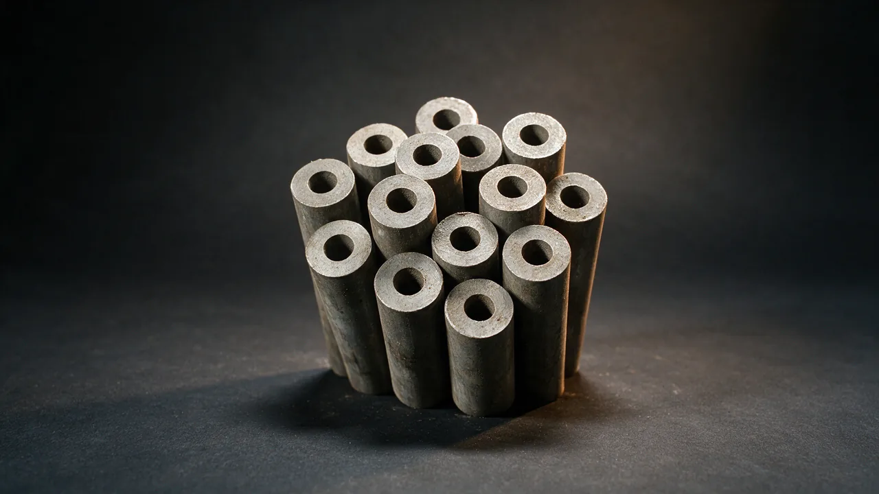A cluster of ASTM A335 P22 heavy wall alloy steel pipe lengths standing on end with the narrow bores facing up
