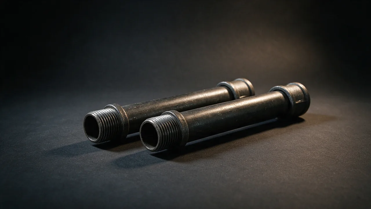 Two ASTM A53 Grade B black steel pipes with threaded ends and screwed-on couplings