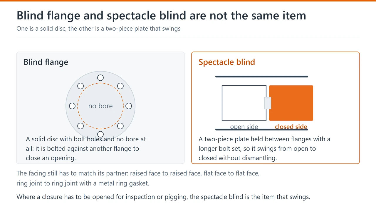 A blind flange drawn as a solid disc with bolt holes and no bore, next to a spectacle blind whose two plates are held between flanges so it can swing