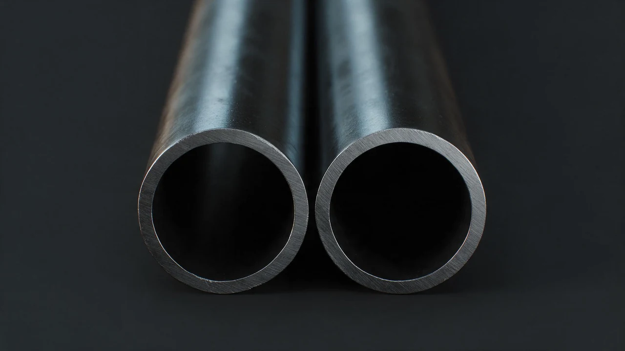 Two lengths of black steel pipe side by side with the cut ends facing the camera