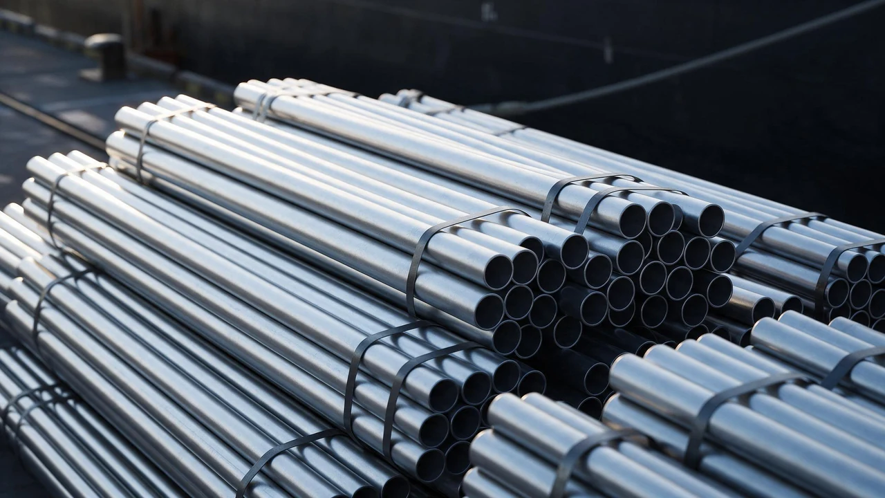 Steel pipe bundles on a quay beside a vessel, ready for loading