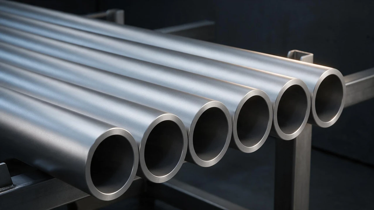 Seamless steel pipe lengths resting on racks in a mill test bay