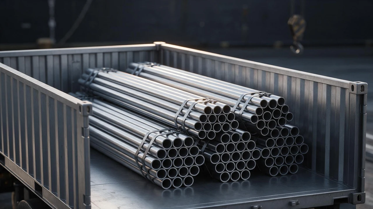 Steel pipe bundles secured inside an open shipping container at a port quay