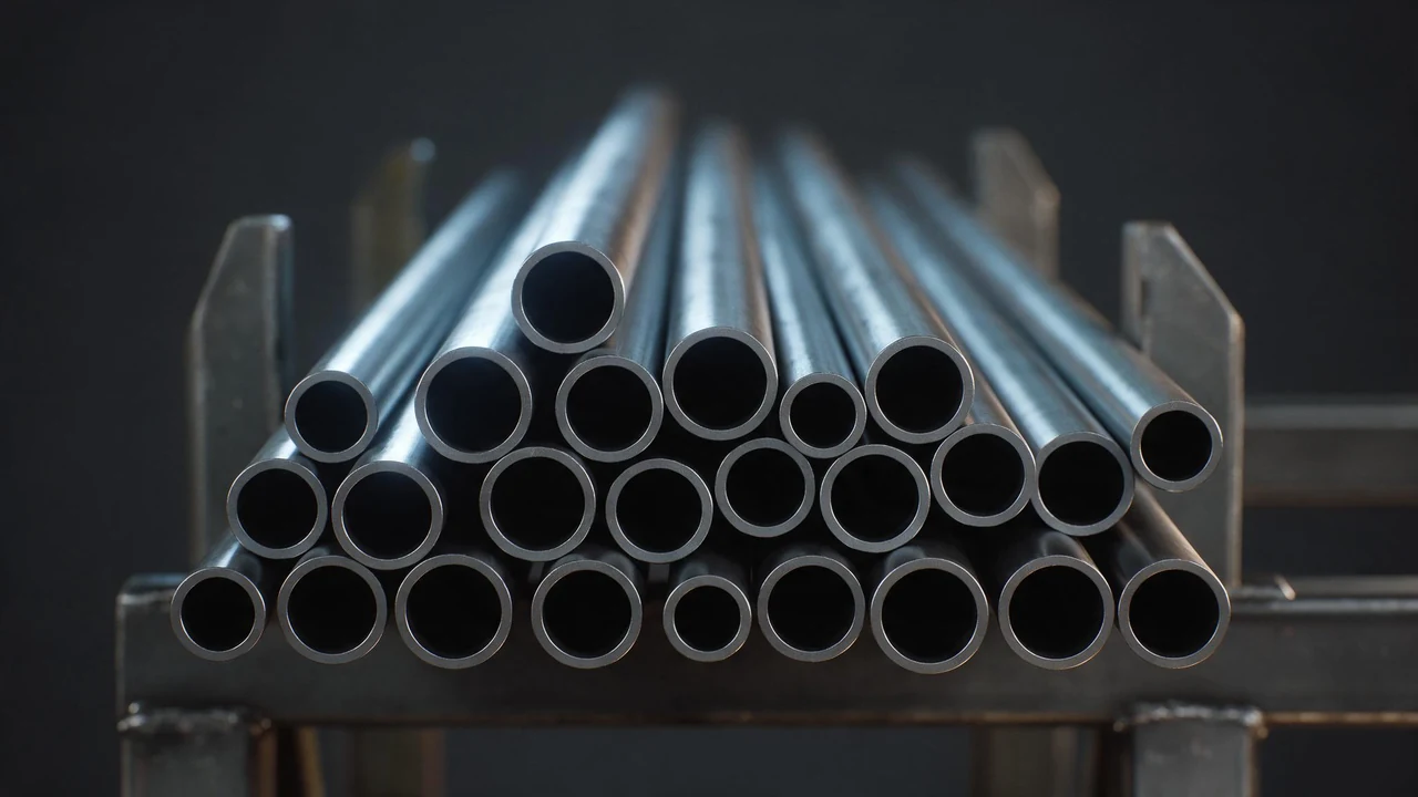 Steel pipe lengths stacked on a mill rack with the cut ends facing the camera