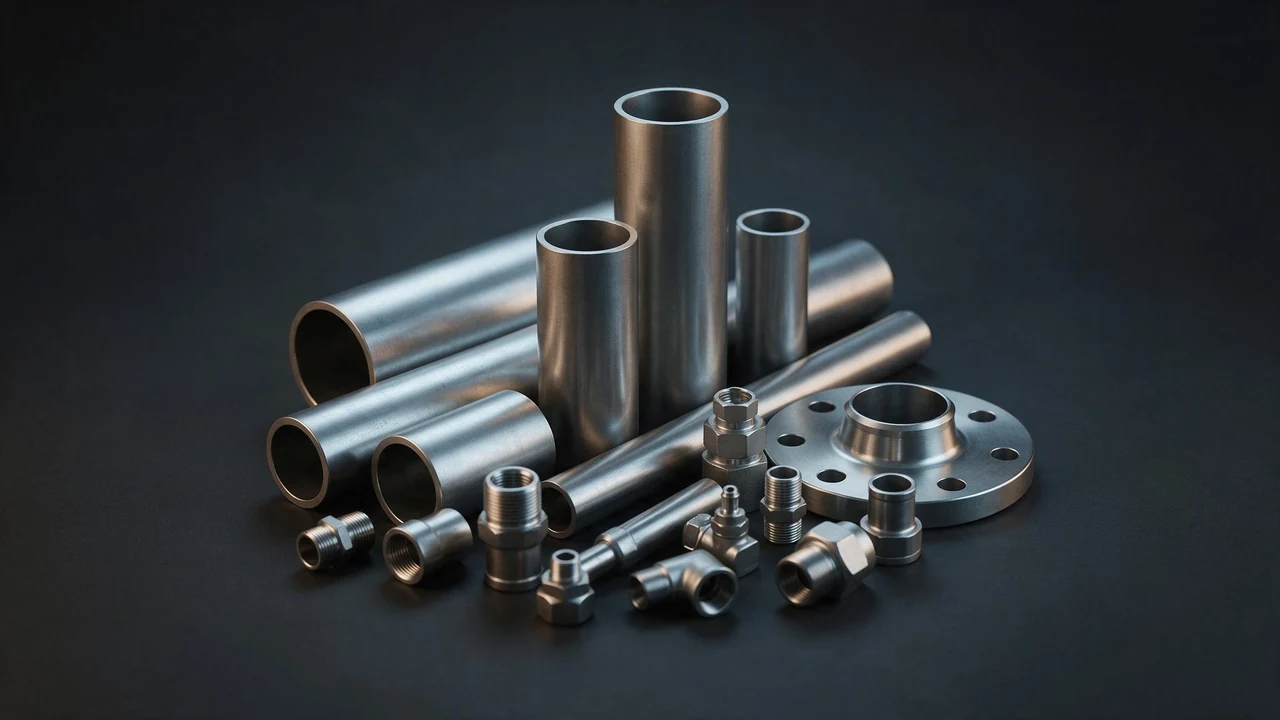 Steel pipe lengths, a flange and fittings arranged together on a dark surface
