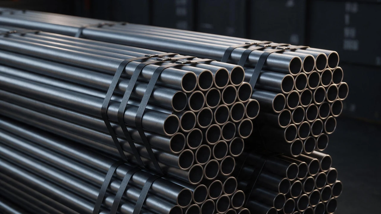 Steel pipe bundles strapped and stacked in an export warehouse