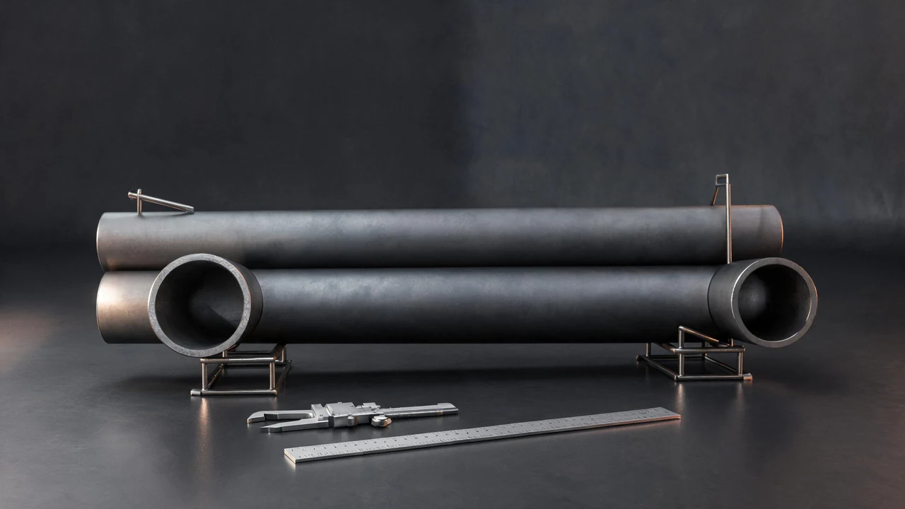 Length of steel pipe on inspection trestles with a caliper and rule beside it