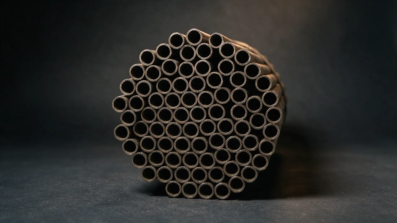 AI-generated concept image of a tightly packed bundle of small diameter thin wall boiler tubes seen end on, the open ends forming a honeycomb