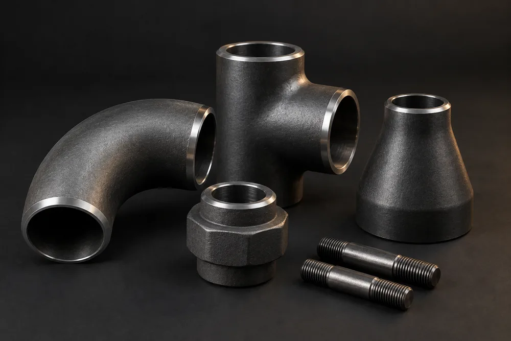 Butt weld elbow, tee and concentric reducer with bevelled ends, a forged fitting and stud bolts