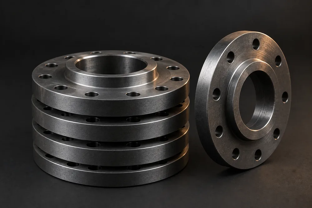 Stack of raised-face steel flanges with drilled bolt holes and a central bore