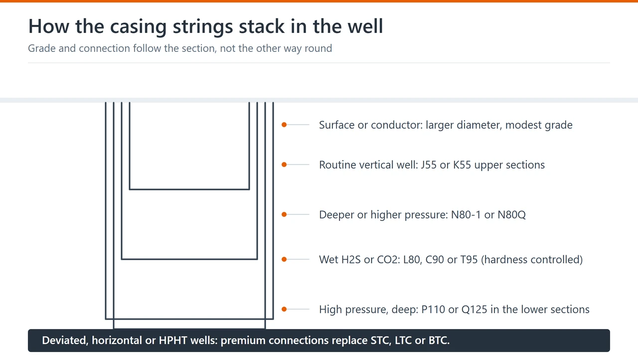 Well cross-section with the conductor or surface string, the intermediate string, the production casing and the tubing, and the grade choice that belongs to each section