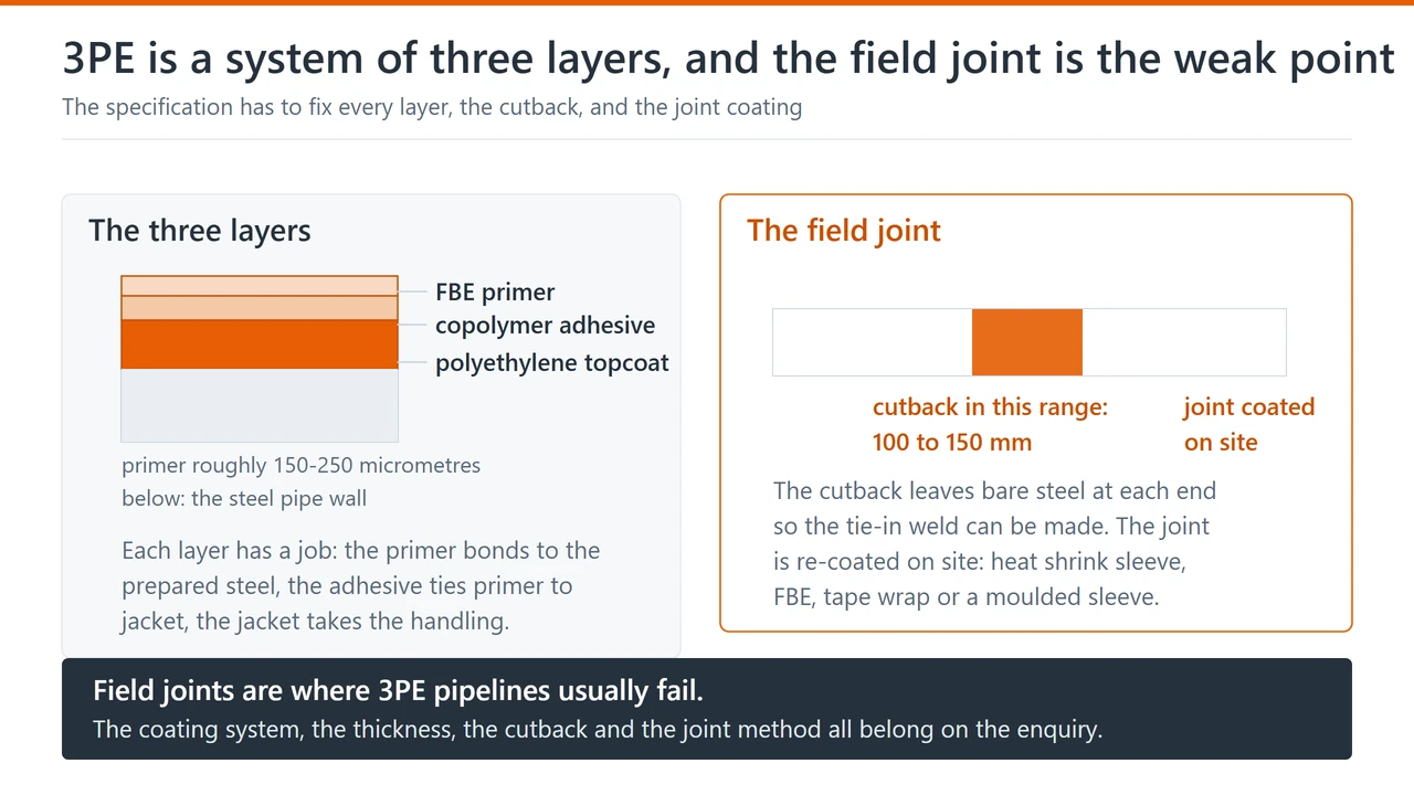 Pipe wall section showing the FBE primer, the copolymer adhesive and the polyethylene topcoat, next to a field joint with the cutback at each pipe end
