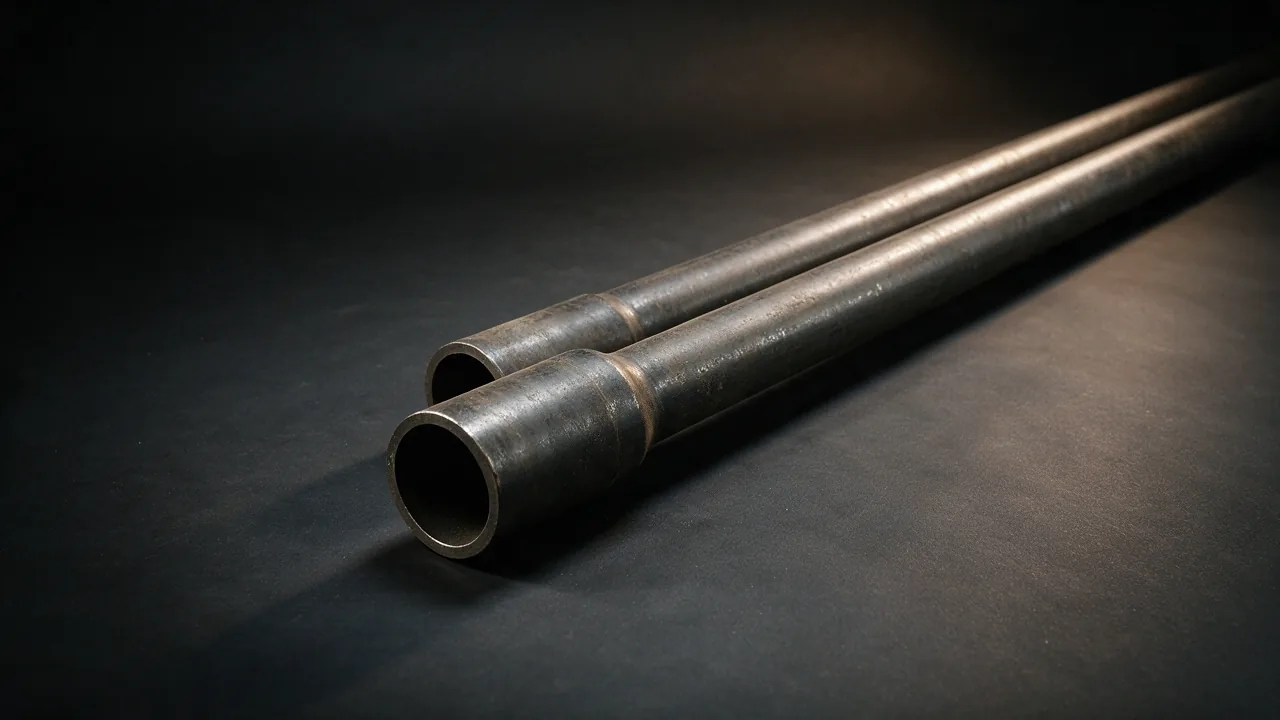 API 5CT tubing joints with externally upset ends and screwed-on couplings, both cut ends open toward the camera