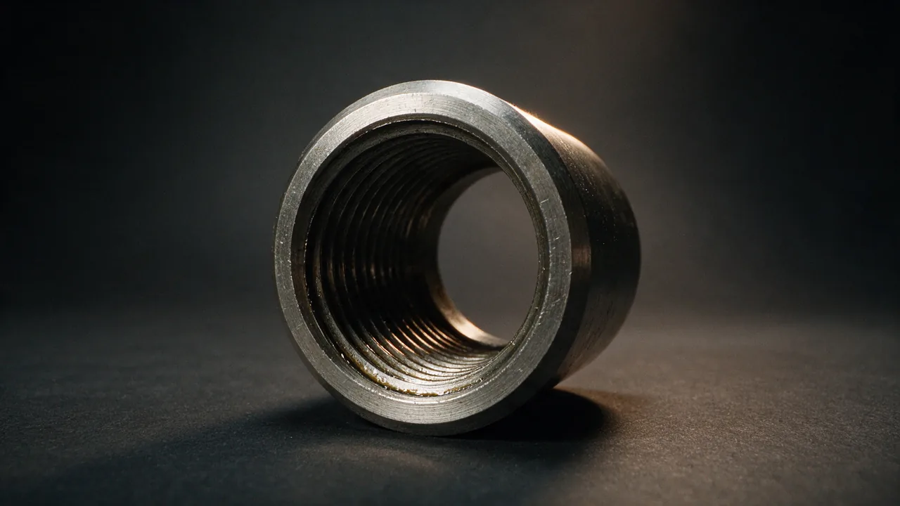Close view of a tubing coupling with its internally threaded bore facing the camera