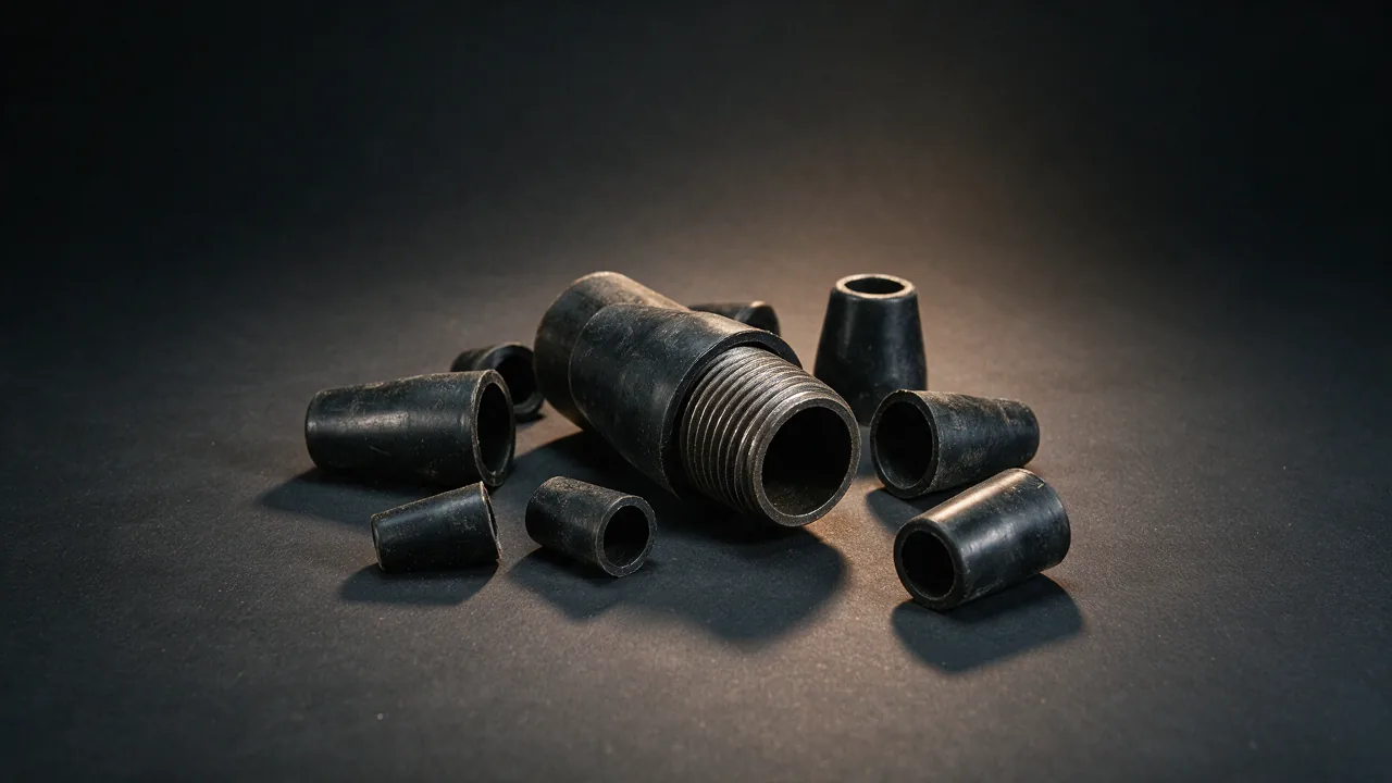 Thread protectors, one fitted on a threaded pipe end and several loose around it