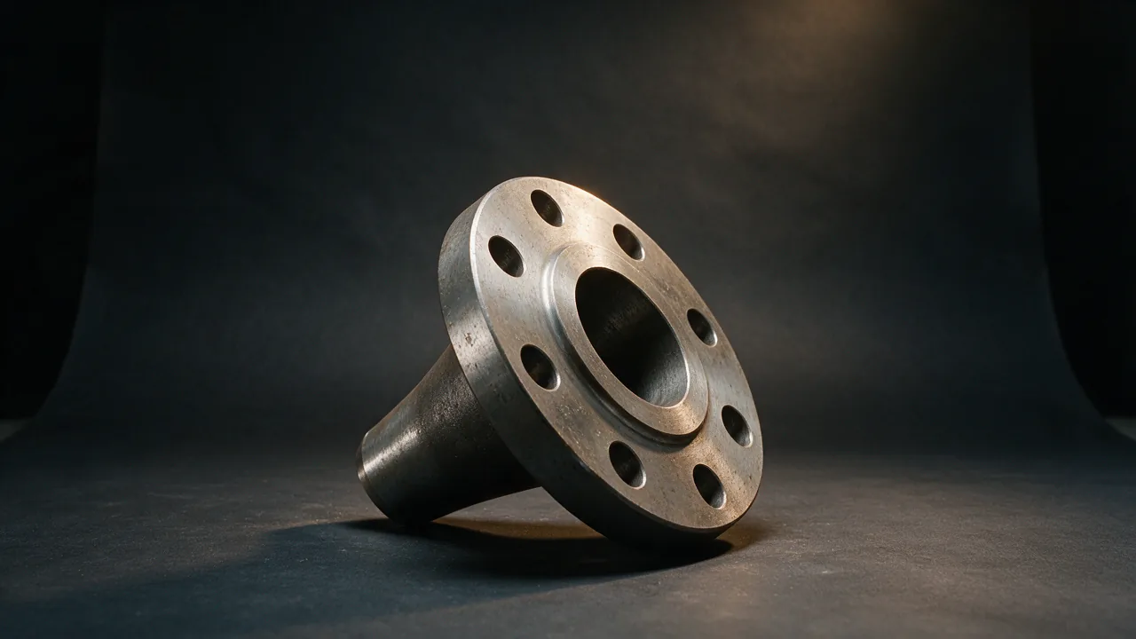 Weld neck flange on a dark backdrop, showing the long tapered hub, the raised face ring and the ring of bolt holes