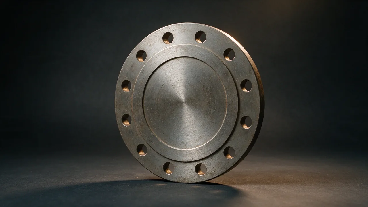 Blind flange standing on a dark backdrop, closed in the centre with no bore, with a ring of bolt holes and a raised face ring