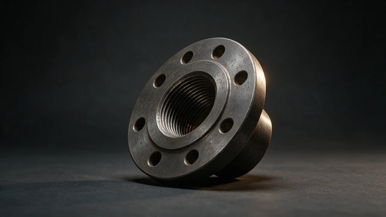 Threaded flange on a dark backdrop, showing the internal tapered screw thread inside the bore and a ring of bolt holes
