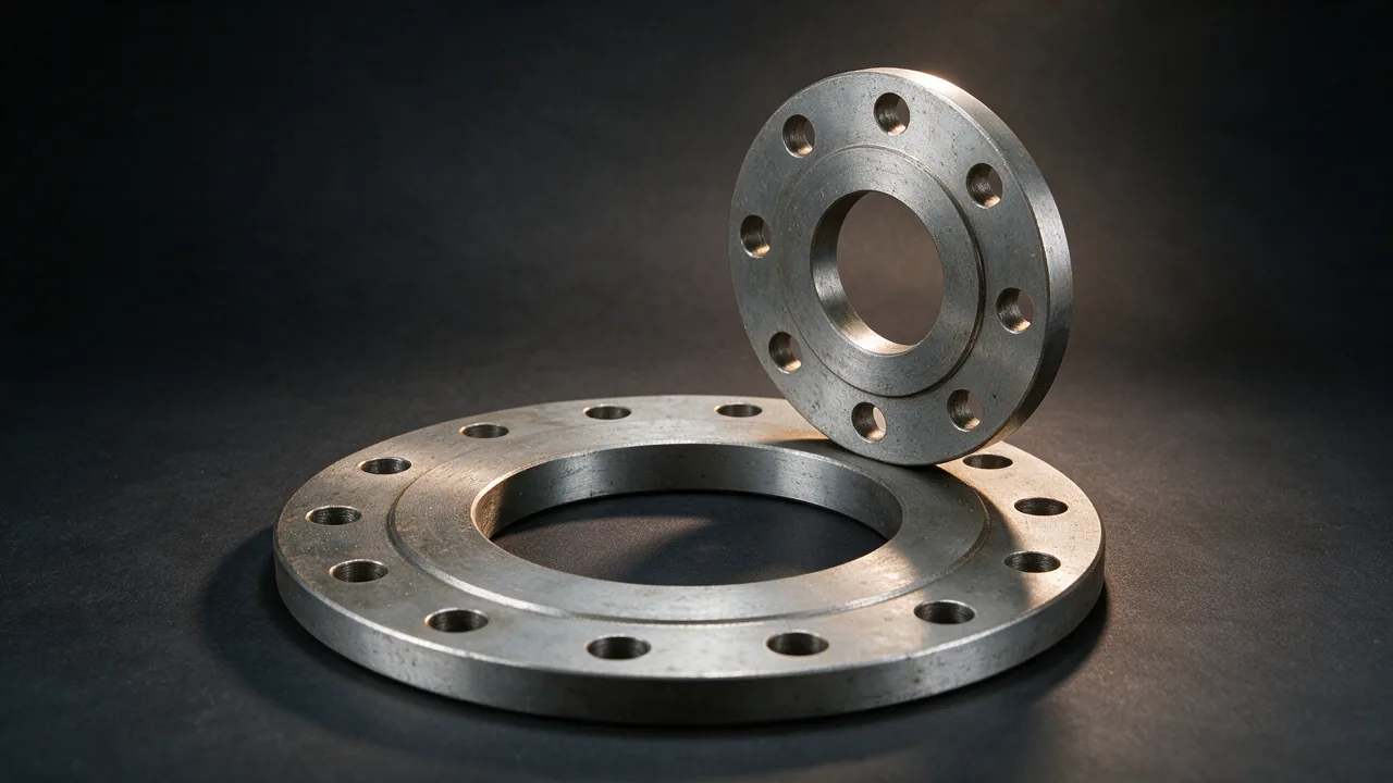 Two lap joint flange rings on a dark backdrop, plain flat rings with bolt holes and no hub on either side