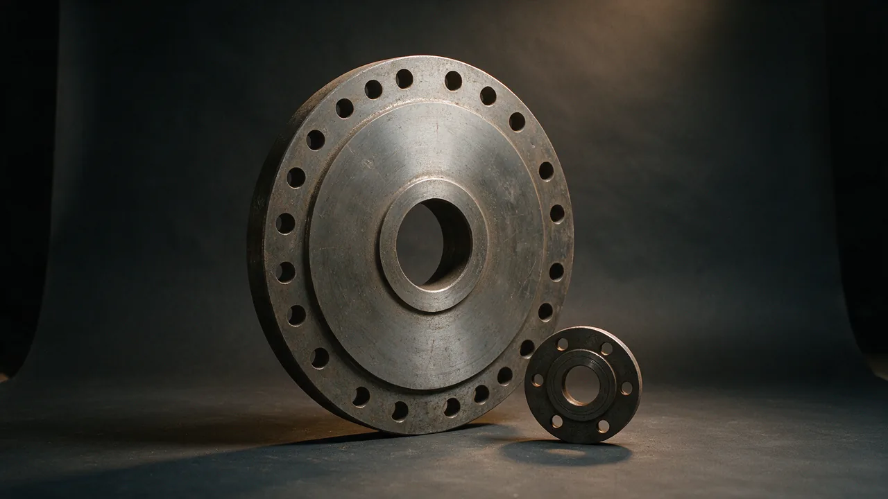 Large diameter flange on a dark backdrop with many bolt holes and a raised face, a much smaller flange beside it for scale