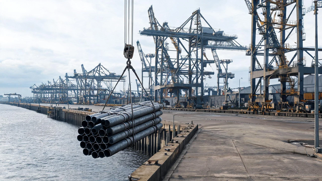Steel pipe bundles being loaded at a river port terminal