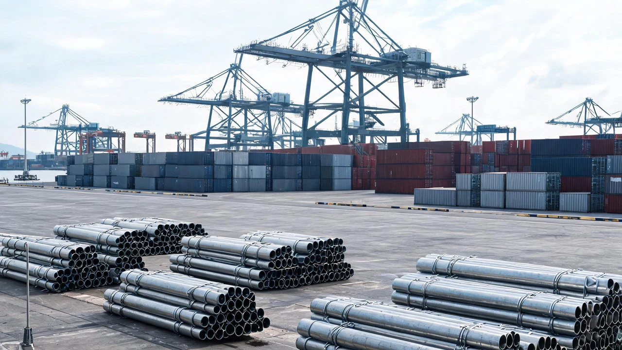 Steel pipe bundles on a container terminal quay with cranes and stacked containers