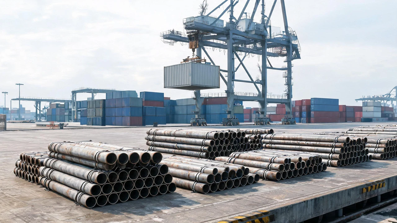 Line pipe bundles stacked on a port quay