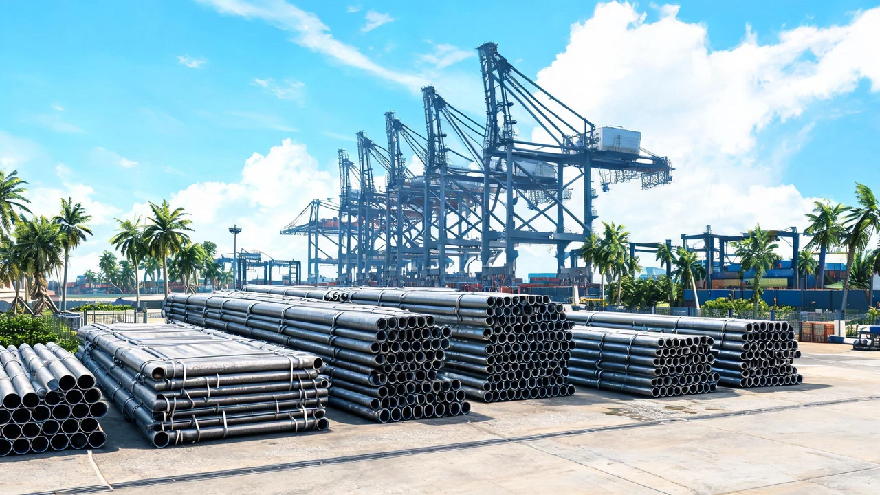 Steel pipe bundles on a tropical port quay with container cranes behind