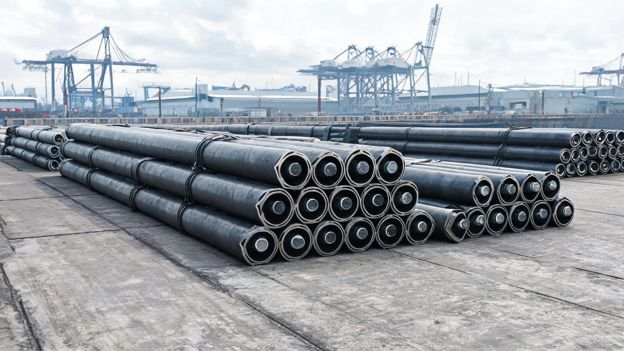API 5L line pipe stacked in bundles on a port quay